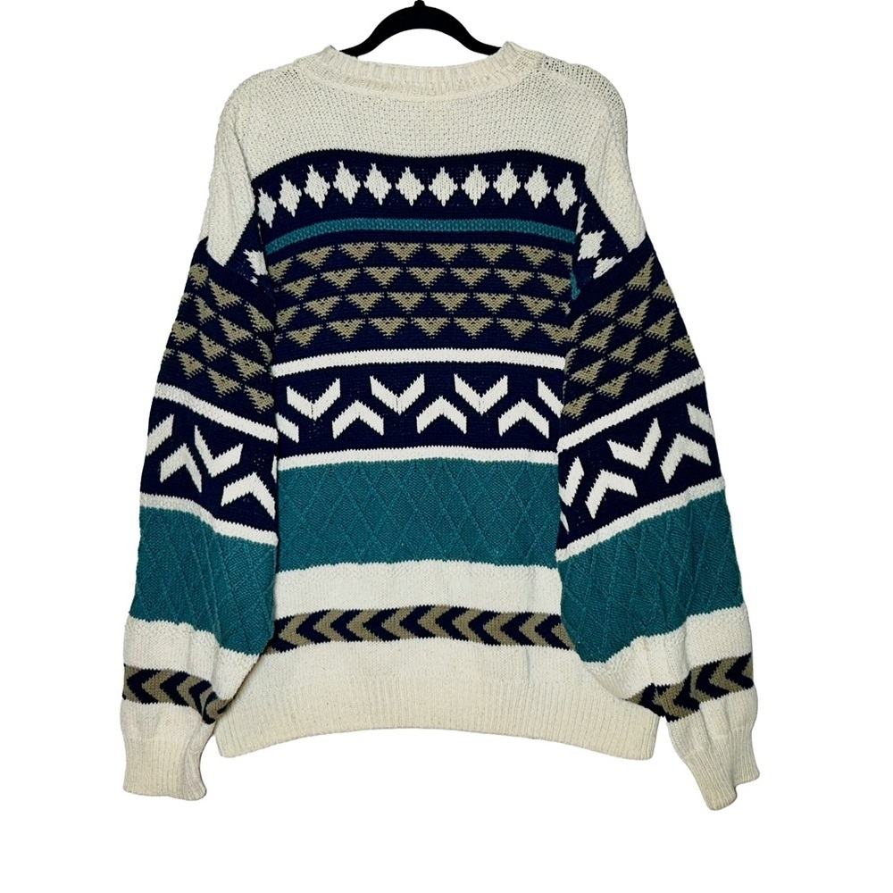 Vintage John Weitz Preppy Geometric Holiday Sweater in Green, Tan, & Cream, M - Picture 2 of 9